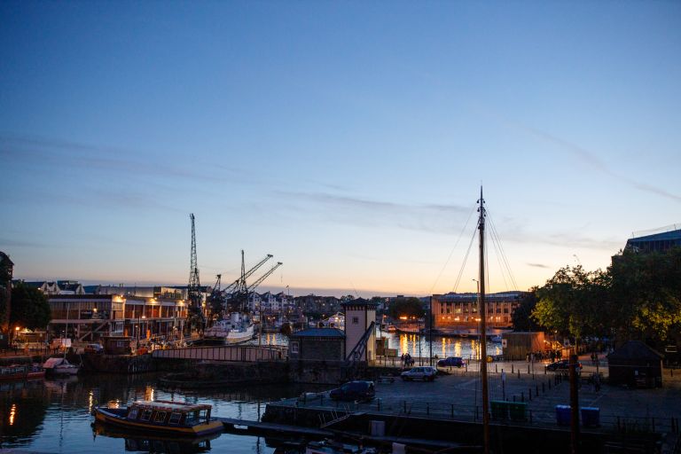 Blue hour photo of Bristol harbourside at sunset view from Mud Dock