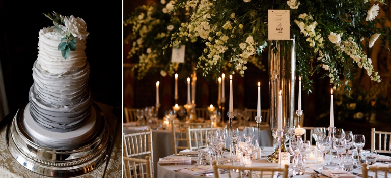 Grey ombre wedding cake and candlelit grey table