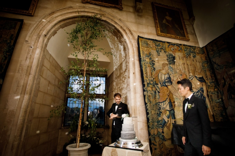 grey ombre wedding cake cut with a sword at berkeley castle in the castle window surrounded by tapestries and old portraits plus an indoor tree - wedding decoration