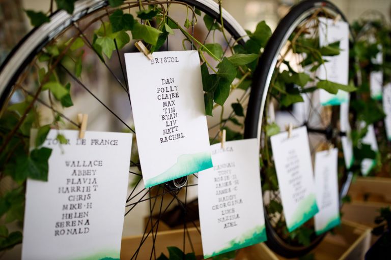 Table plan made with bike wheels, cycling wedding theme, ivy folliage, the orangery at goldney hall, clifton, bristol