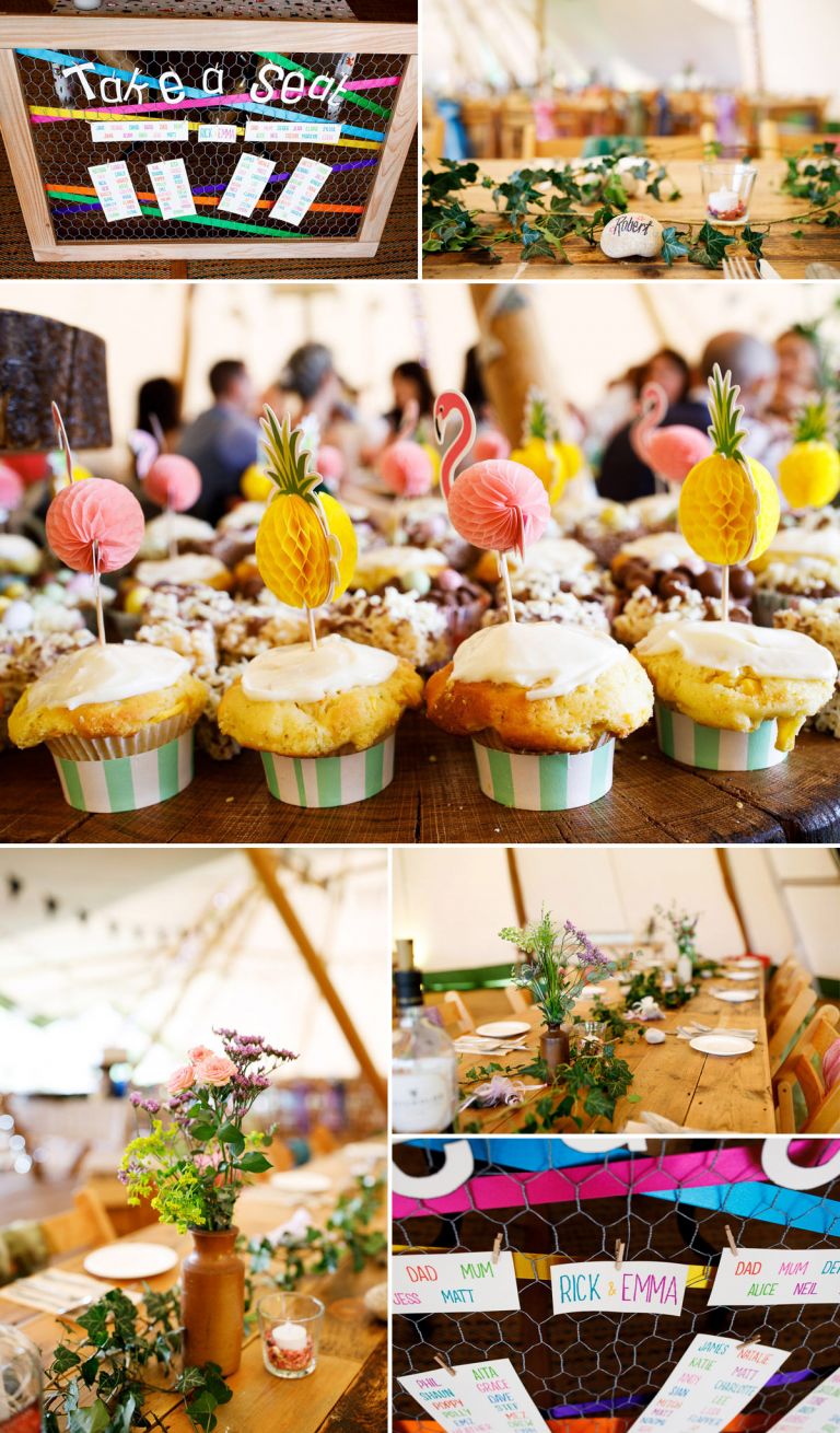 Wedding tipi decorations, wild flowers, colourful ribbons and fun cake deocrations