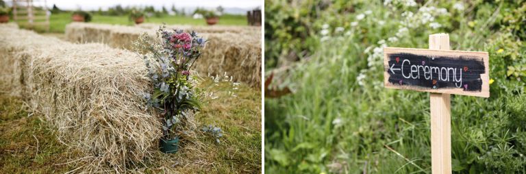 Outside ceremony decoration ideas, haybales with flowers plus a fun sign to show the direction to walk.