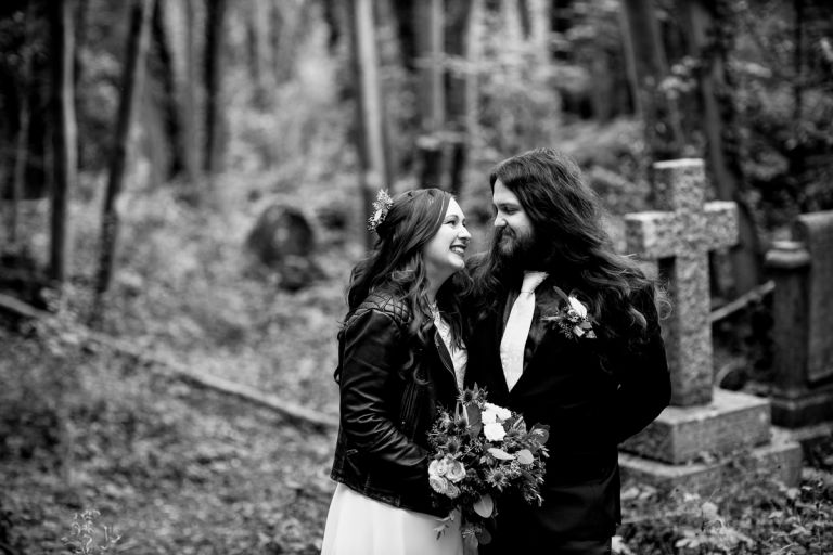 Wedding photo of alternative couple at Arnos Vale Cemetery