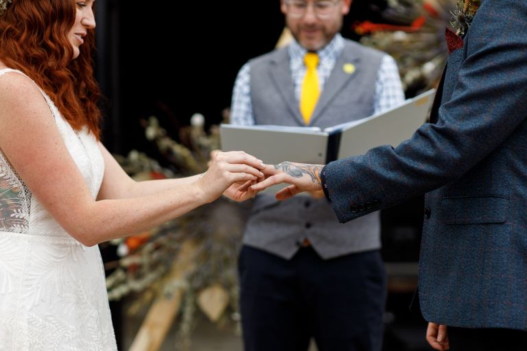 Close up during wedding ceremony at The Over Barn Gloucester