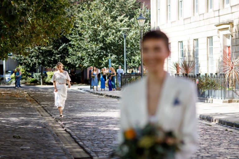 Bride arrives for her first look at Queen's Square Bristol